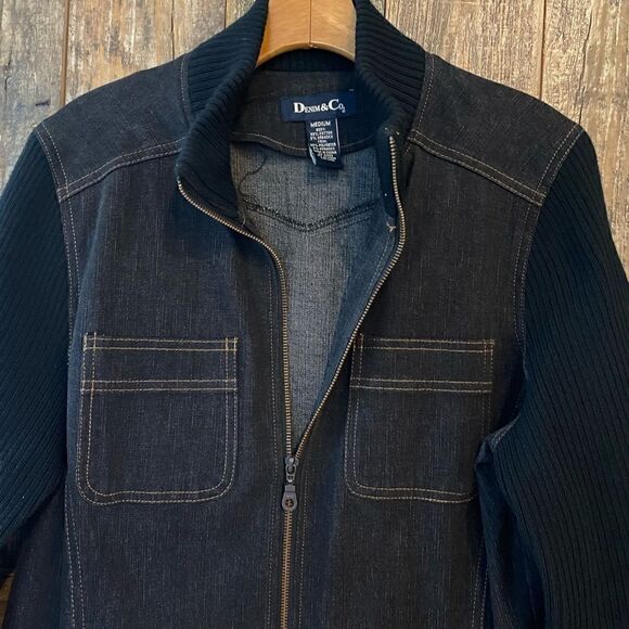 Denim & Co. M Black Denim Sweater Sleeves Full Zip Up Pockets Shacket - Picture 5 of 10